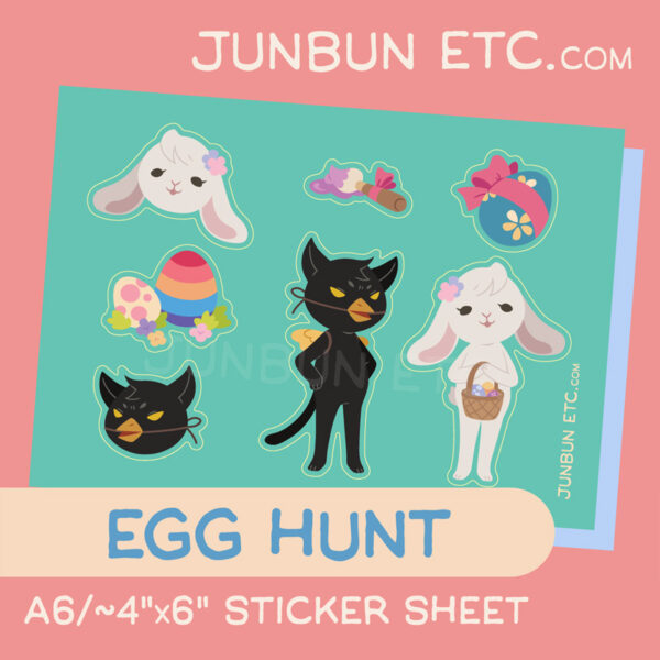 The graphic shows the Egg Hunt sticker sheet image depicting JunBun - the white rabbit mascot - as the Easter rabbit, beatifically holding a basket of painted eggs and flowers on their head. MaxCat - the black cat mascot, is dressed as a chick, replete with fake beak and wings, looking right pissed off. Alongside that are a blue and yellow painted egg with a sweet red ribbon tied into a bow around it, a bow-adorned paintbrush with purple paint, and a pair of eggs placed in flowers and grass.