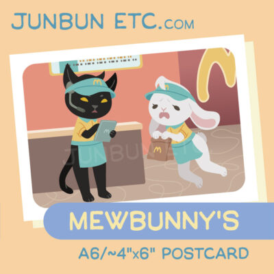 The graphic shows the MewBunny's postcard image depicting JunBun - the white rabbit mascot - and MaxCat - the black cat mascot - as fast food/diner/burger joint minimum wage workers, complete in MewBunny's uniforms and visors. MaxCat is reviewing orders on a tablet, and JunBun is falling over in dismay with a brown paper bag in paw.