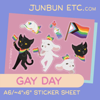 The graphic shows the Gay Day sticker sheet image depicting JunBun - the white rabbit mascot - and MaxCat - the black cat mascot - both holding little rainbow flags as they walk, celebrating with Pride. JunBun is wearing a rainbow bow on his head, while MaxCat is wearing a rainbow bandanna. Alongside that are a progress pride flag, a waterbottle with rainbow liquid, and a white cap with rainbow trim, heart patch and a tied-on rainbow sash.