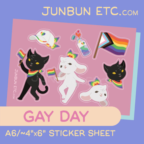 The graphic shows the Gay Day sticker sheet image depicting JunBun - the white rabbit mascot - and MaxCat - the black cat mascot - both holding little rainbow flags as they walk, celebrating with Pride. JunBun is wearing a rainbow bow on his head, while MaxCat is wearing a rainbow bandanna. Alongside that are a progress pride flag, a waterbottle with rainbow liquid, and a white cap with rainbow trim, heart patch and a tied-on rainbow sash.