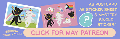 A banner displaying May's celebratory Pride/queer/LGBTQIA-themed Patreon items for JunBun Etc.'s 1st year anniversary: a postcard, a sticker sheet and a mystery sticker.