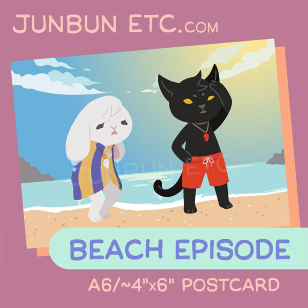 The graphic shows the Beach Episode postcard image depicting JunBun - the white rabbit mascot - wrapped in a towel sad and soggy, while MaxCat - the black cat mascot - is squinting into the bright summer sky, wearing board shorts and a lifeguard whistle, distinctly less sad and soggy. They stand on a pretty beach landscape with an idyllic sea.