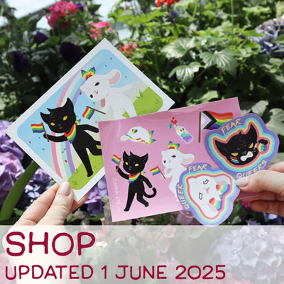 The preview image for JunBun Etc. shop updates. A graphic depicting Pride Month items now in stock: the Gay Day postcard print and sticker sheet set of JunBun - the white bunny mascot - and MaxCat - the black cat mascot - parading rainbows, the Queer Fear single sticker and the Fear Queers single sticker.