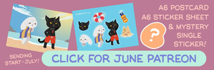 A banner displaying June's summer beach Patreon items: a postcard, a sticker sheet and a mystery sticker.