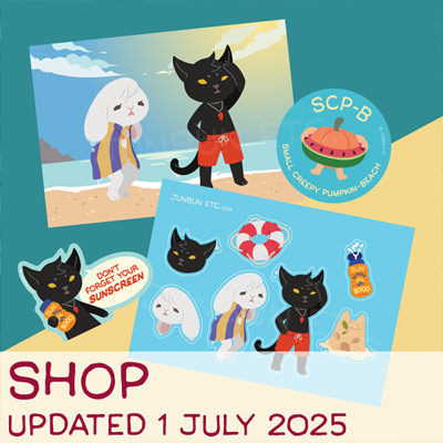 The preview image for JunBun Etc. shop updates. A graphic depicting new items for July: the Beach Episode postcard and sticker sheet set of JunBun - the white bunny mascot - and MaxCat - the black cat mascot - at the seaside for summer, and the Sunscreen and SCP-B single stickers.