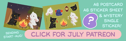 A banner displaying July's campfire/camping-themed Patreon items: a postcard, a sticker sheet and a mystery sticker.